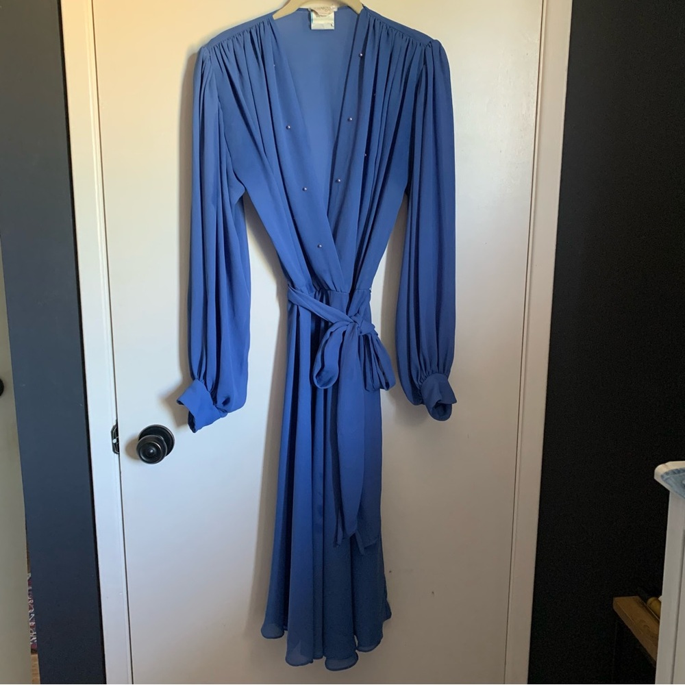 Vintage 80s Blue Dress Evening Medium Large